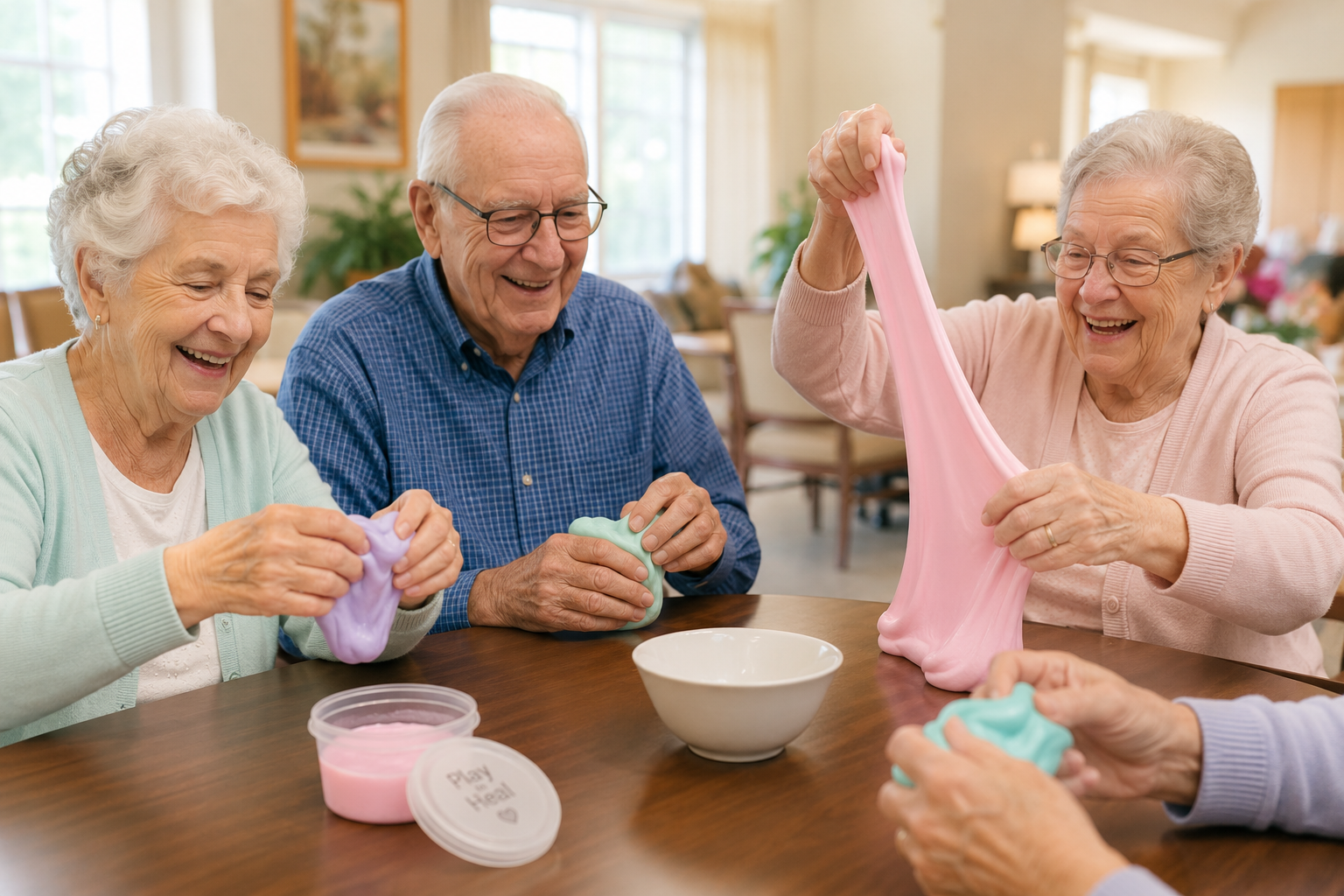 Seniors laughing together while playing with slime at a Play to Heal workshop
